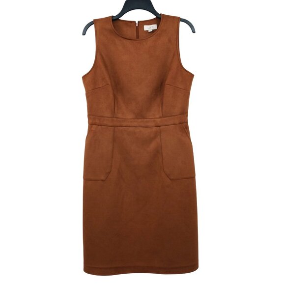 Loft Brown Sleeveless Faux Suede Sheath Dress Size 10 With Pockets - Picture 1 of 13
